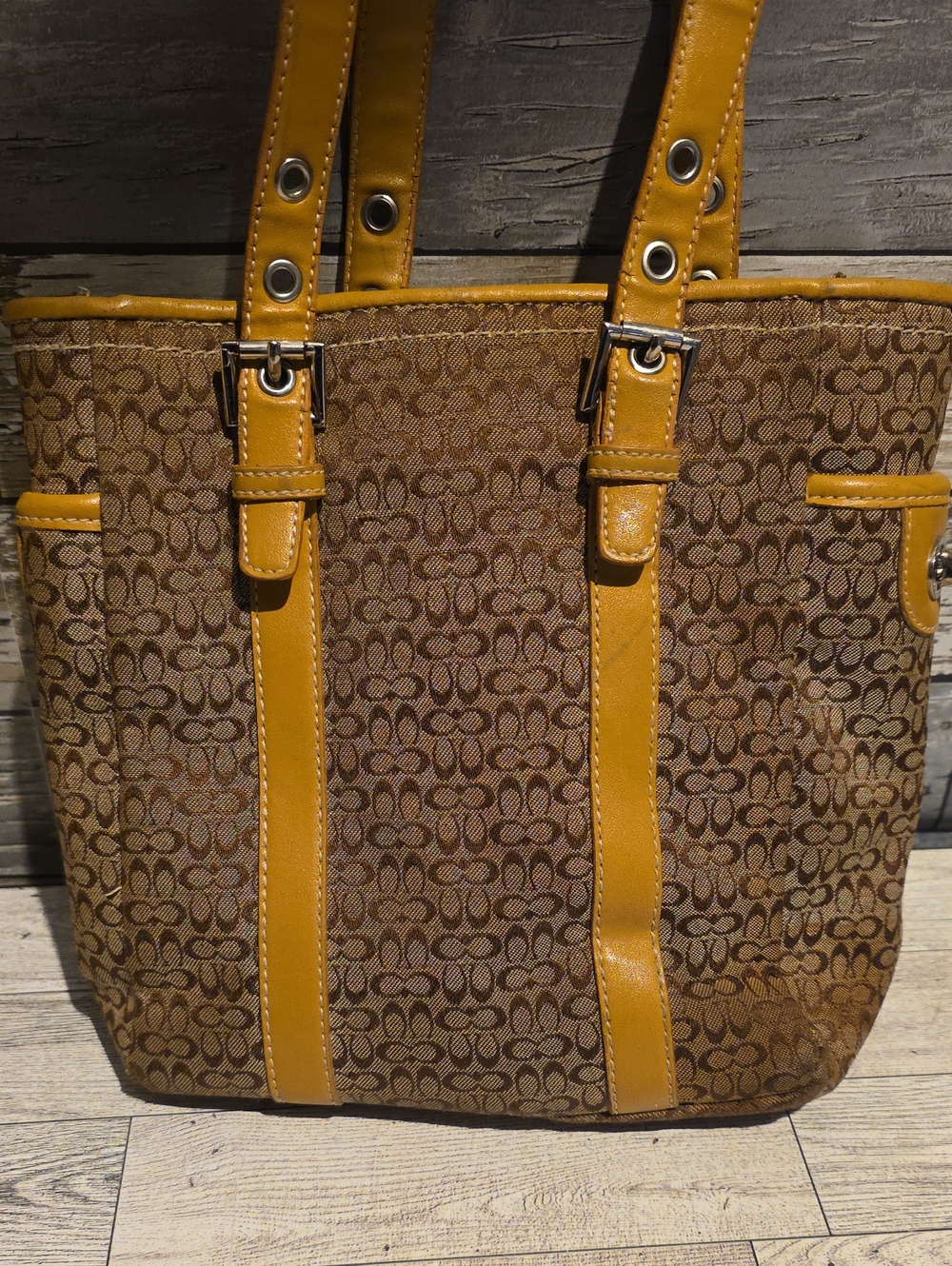 Coach Brown Signature Tote with Mustard Trim - Picture 3 of 8